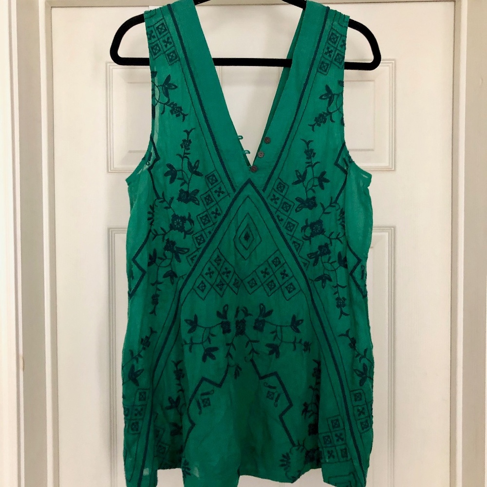 Free People Green & Navy Embroidered Dress